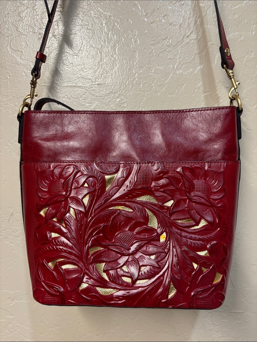 Patricia Nash Red Floral-Embossed Leather Crossbody with Gold Accents